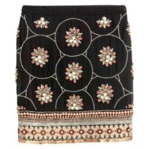 H&M Black Tan Cream Embroidered Beaded Jewel Embellished Tribal Mini Skirt NEW